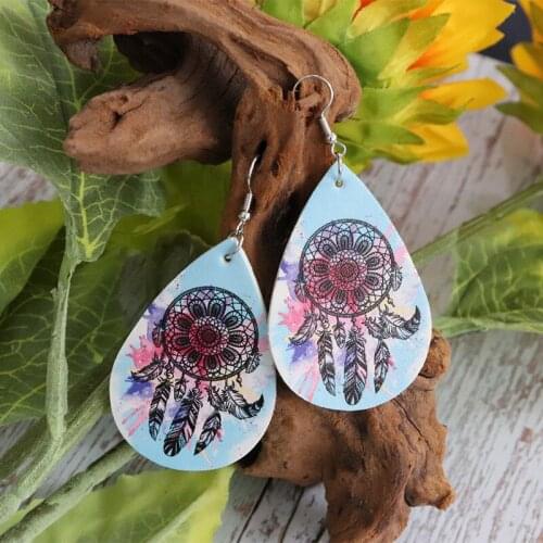 Wholesale New Fashion Tie-dye Double-sided Printing Wind Catcher Water Drop Earrings Feather Leather Earrings Women Wholesale