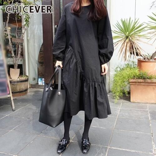 CHICEVER Spring Autumn Dresses For Women O Neck Puff Sleeve Loose Patchwork Black Dress Female Clothes Oversize Fashion New 2020
