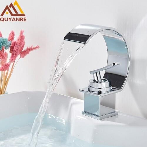 Quyanre Chrome Waterfall Basin Faucet Bathroom Faucet Single handle Basin Mixer Tap Deck Mount Torneira Hot Cold Water Mixer Tap
