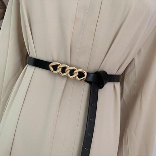 Fashion Leather Thin Belt For Women Personality Metal Chain Buckle Waist Strap Designer Lady Jeans Dress Decoration Waistband