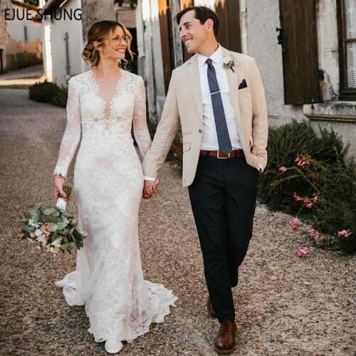 EJUE SHUNG Romantic Lace Wedding Dresses Deep V Neck Long Sleeves Illusion Button Back Mermaid Bridal Dresses Vestido De Novia