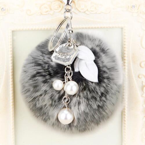 Luxury rabbit fur Pom Pom keychain for crafts fluffy ball flower beads diy keyring bag charm cute jewelry accessories suppliers