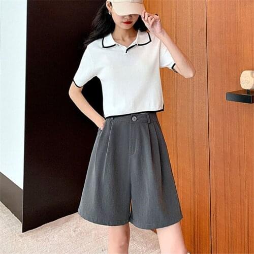 Summer Women Casual Knee Length Suit Shorts Pants Pure Color Loose Slim straight wide leg drape Female Trousers