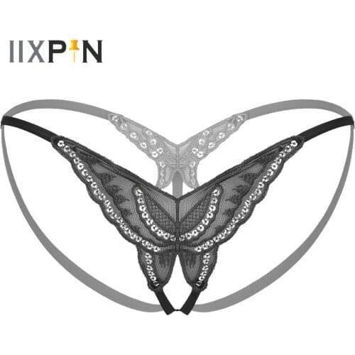 Womens Low Waist Open Butt Underpants Sequined Lace Underwear Crotchless G-string Butterfly T-back Thongs Erotic Lingerie Briefs