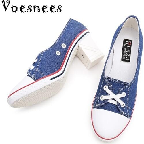 2021 Pumps Denim High Quality Shallow Mouth Womens Shoes High Heel 8CM Canvas Student Shoes Women New Board shoes size 34-41