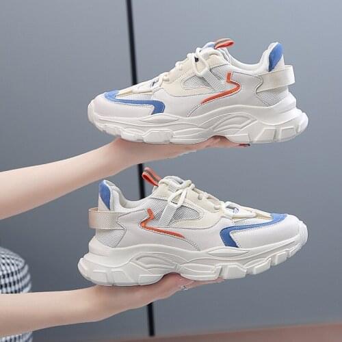 2021 Spring Summer Mesh Breathable Daddy Shoes Womens Korean Sports Comfortable Leisure Thick Bottom Lace-Up Shoes