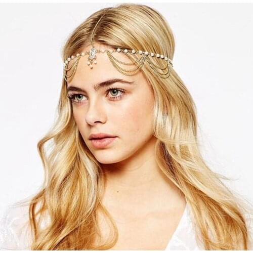 Hair Decoration Fashion Indian Boho Gold Head Chain Pearl Crystal Head Dress Headpiece For Women Hair Jewelry