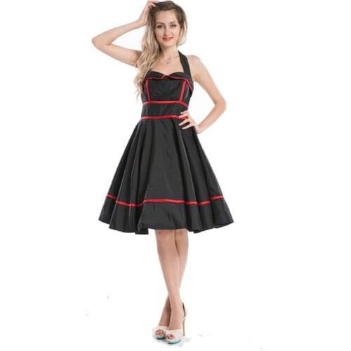 2020 Big Discount Polka Dot Rockabilly Halter Neck Dress Vintage Swing Work Evening Dress 40s 50s Retro Emo Pin Up Plus