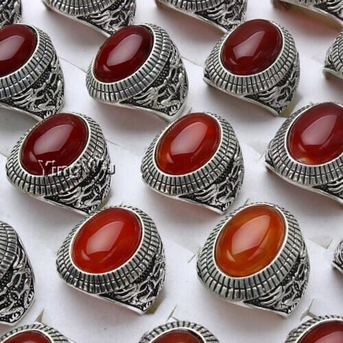 Yingwu Vintage Punk Natural Agate Ring & Hand-carved Pattern Silver Plated Ring for Women Mens Party Jewelry 10pcs/lot