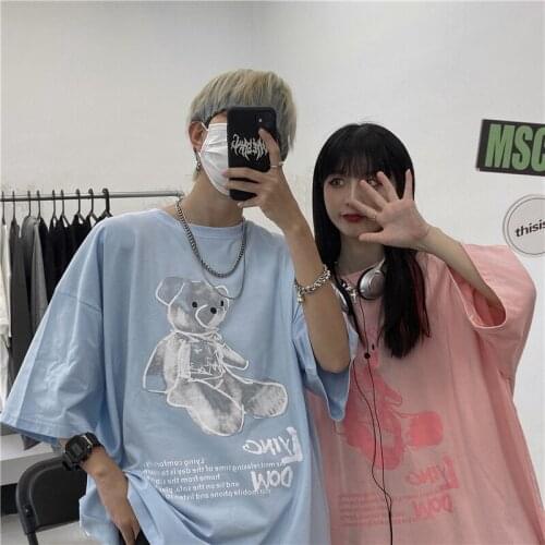 BF Korean anime tees casual Ulzzang plus size fun Harajuku short-sleeved female clothes loose gothic cartoon bear print T-shirt