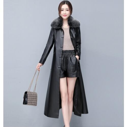 Womens Pu Leather Jackets M-5XL Ladies Single Breasted Large Fur Collar Faux Sheepskin Coat X-Long Trench Female Outerwear