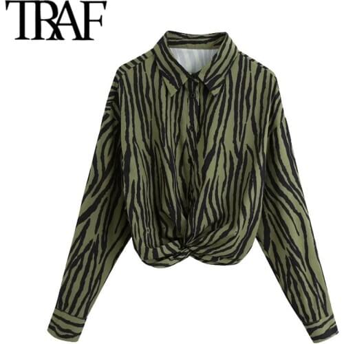 TRAF Women Fashion With Knot Animal Print Cropped Blouses Vintage Long Sleeve Button-up Female Shirts Chic Tops