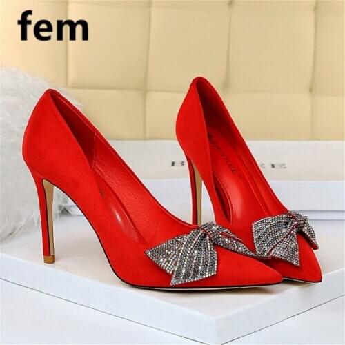 Big Butterfly Knot Heels Pointed Toe Women Shoes Crystal String Bead Woman Pumps Shallow High Heels Ladies Elegant Fashion Shoes
