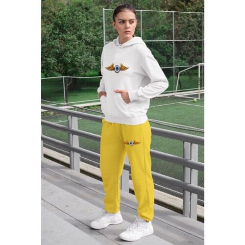 Angemiel Wear Kantalı Eye Women Tracksuit Set White Hooded Sweatshirt Yellow Sweatpants