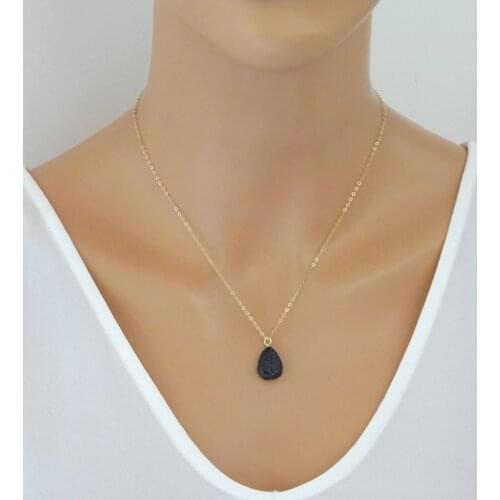 1Pcs Volcanic Lava Round Bead Necklace For Women Gift Fashion Shiny Imitation Crystal Black Stone Drop Pendant Clavicle Chain