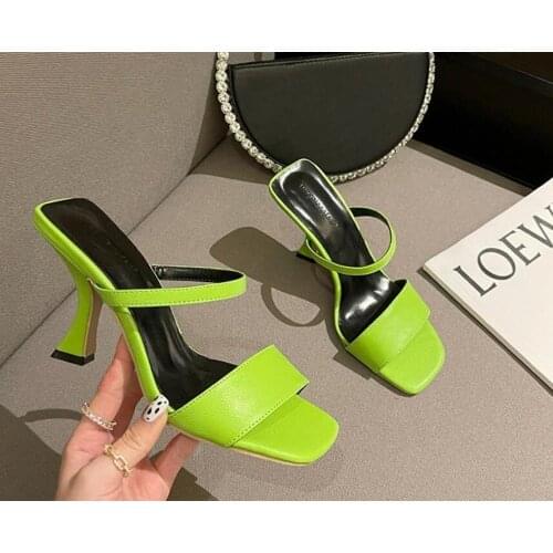 2021 Summer Pumps Sexy snake print Slippers Sandals Shoes Women Thin High Heels Square Toe Sandal Lady Pump Shoes Mules
