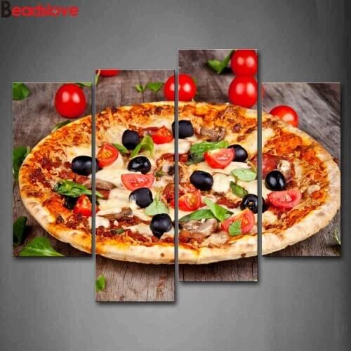 4pcs Diamond Paint Pizza With Meats And Fruits diamond cross stitch Mosaic home decorative art painting round square drill