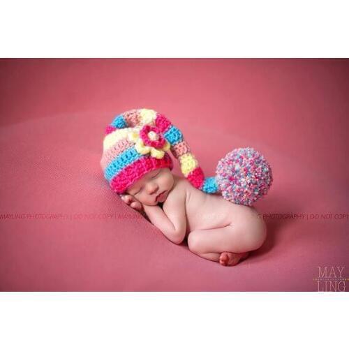 Free shipping, New Crochet Baby Pixie Elf Hat & flowers Caps Christmas Long Tail hat , Newborn Baby Photo props size:0-1m,3-4m