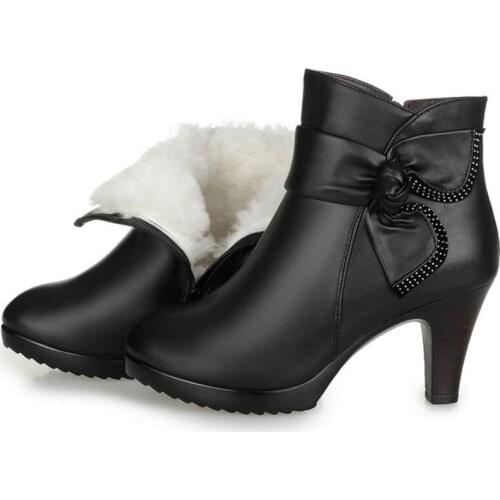 ZXRYXGS brand bow women fashion shoes winter ankle boots 2020 warm wool genuine leather shoes woman snow boots high heel boots