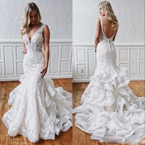 Lace Mermaid Wedding Dress 2020 V Neck Backless Tiered Skirts Country Bridal Gowns Appliques Ruffles Boho Wedding Dress Robe De