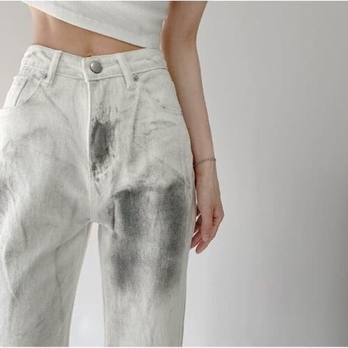 Jeans Woman Cotton Full Length Low Tie Dye Casual Jeans For Women Euro-America Style Loose Vintage Dirty Pants Trousers