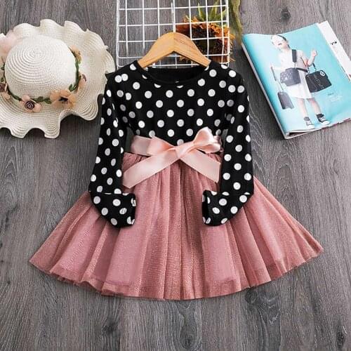 Elegant Polka Dot Printed Long Sleeve Costume Girls Princess Tulle Tutu Dress