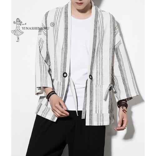 Men Japanese Kimono Print Yukata Coat Samurai Crane Harajuku Shirt Jacket Japan Haori Cardigan Asian Traditional Stripe Costume