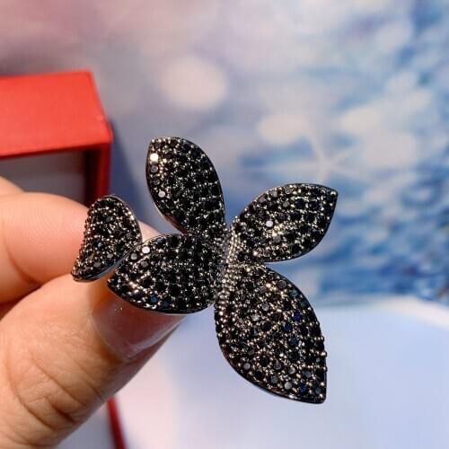 Fashion exaggerated micro - set leaf with AAA zircon ring ,open mouth ring adjustment ring for women gift