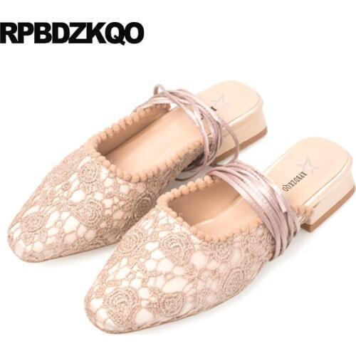 China mules ladies beautiful flats shoes latest pointed toe designer lace up chic size 34 2018 comfortable women slippers mesh