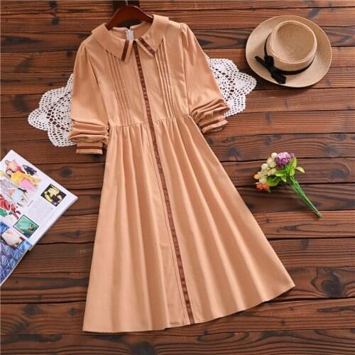 New arrival mori girl vestidos japle style long sleeve camel women vintage dress
