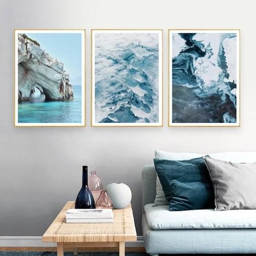 Ocean Scenery Blue Sea Water Abstract Mountains Building Door Letters Canvas Painting Wall Picture Poster Living Room Decoration