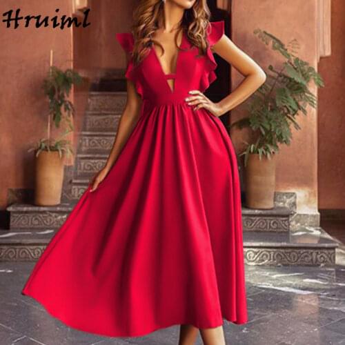 Women Dress Long Elegant Party Prom Evening Solid Color Deep V Neck A Line Dress Women Summer Fashion Ruffles Sleeve Maxi Dress