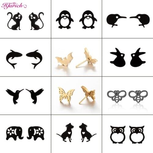 Black Small Cute Animal Stud Earring for Women Children Fashion Stainless Steel Shark Penguin Bat Bee Earring Dog Owl Bird Studs