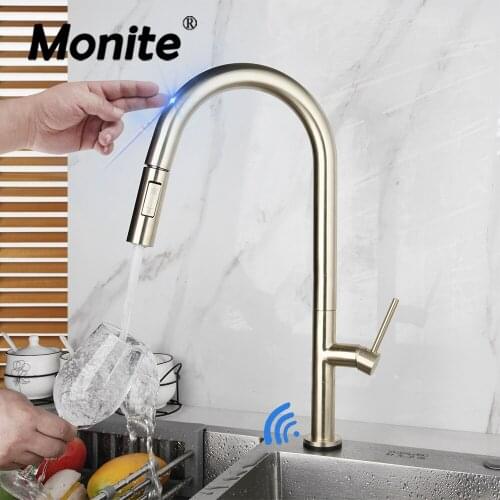 Monite Brush Golden Kitchen Sink Faucets Auto Touch Hot & Cold Water Mixer Tap Chrome Pull Out Crane Automatic Smart Sensor Tap