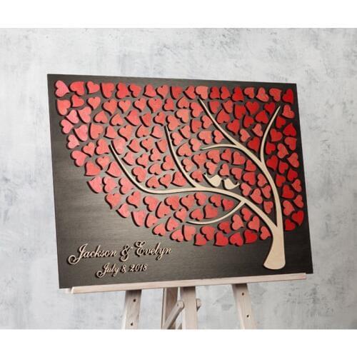High Quality Wedding Guest Book Tree Red Hearts Romantic Guest Book Sign In Ideas Personalized Color and Name Guest Book Wood