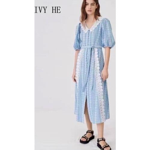 IVY HE High Quality Summer Dress Woman Clothing Fashion Lace Loose Frenulum Midi Long Dress Traf Robe ZA Vintage Party Dresses