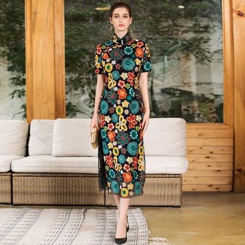 High Quality Bodycon Cheongsam Dress New Fashion Luxury Flower Embroidery Split Slim Elegant Dress