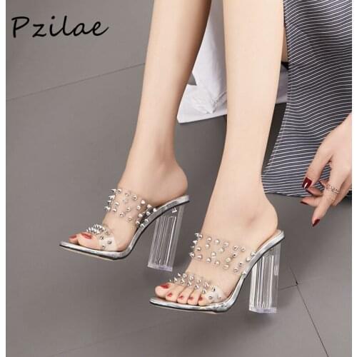 Pzilae New women transparent PVC sandals slippers women fashion rivets block high heels slide chunky mules wedding shoes size 42