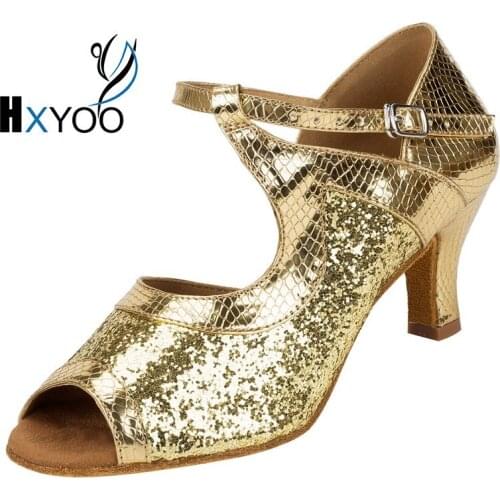HXYOO 2018 New Custom-made Cuban Heel Glitter Ballroom Dance Shoes Women Latin Salsa Shoes Tango Silver Gold Soft Sole WK034
