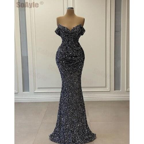 SoAyle Shining Sequine Evening Dress V Neck Off Shoulder Formal Evening Dress for women Vestidos de Fiesta