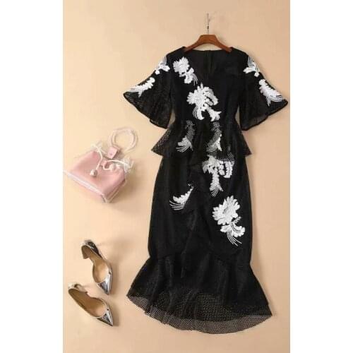 2021 Long Dress Spring Summer DressV Neck Short Sleeve Embroidery Black Mesh Fashion Womens Clothes