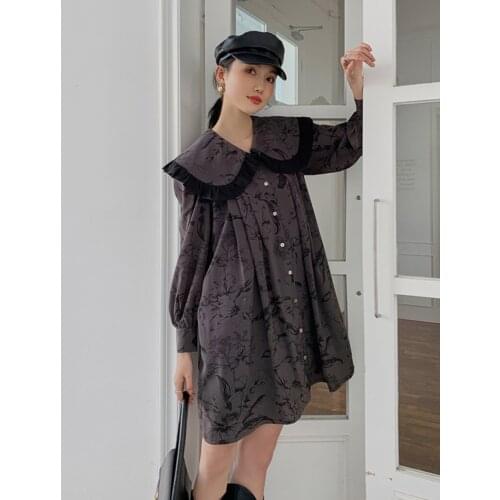 Vintage Floral Print Women Dress Wooden Ears Doll Collar Loose Long Sleeve Dress Autumn 2021 Clothing