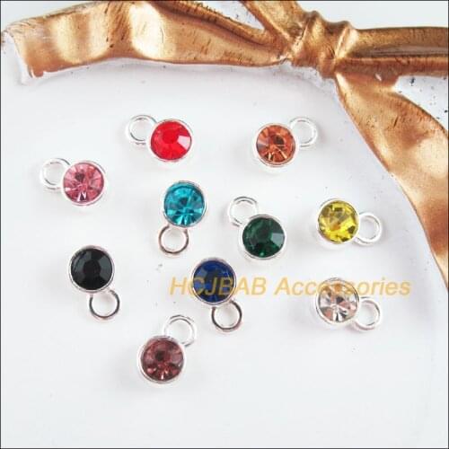 30Pcs Silver Plated Tiny Round Mixed Crystal Charms Pendants 7x10.5mm