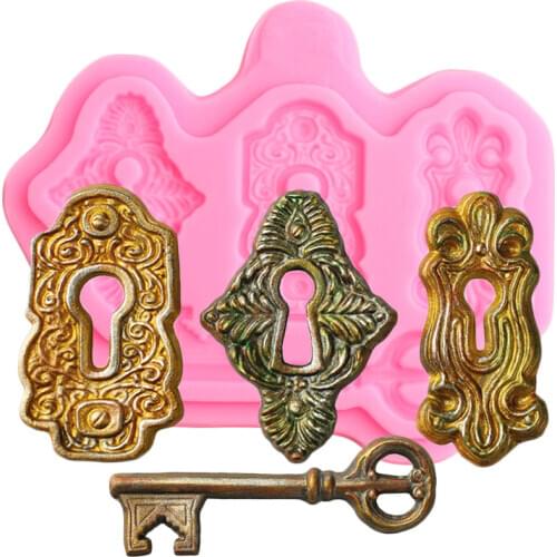 Antique Key Lock Plate Silicone Mold Steampunk Cupcake Topper Fondant Cake Decorating Tools Candy Clay Chocolate Gumpaste Moulds