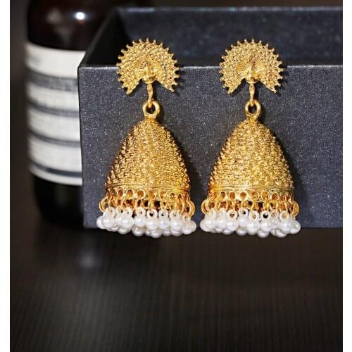 Retro Big Gold Bells Alloy Indian Jhumka Earrings Womens Vintage Peacock Pearls Beads Turkey Earrings Bijoux