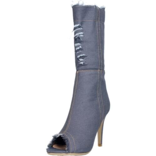 Fish Mouth Thin High Heel Black Boots Sexy Women Boots Fashion Mid-calf Boots Open Toe Lace Shoes Women Shoes Pumps Sandals