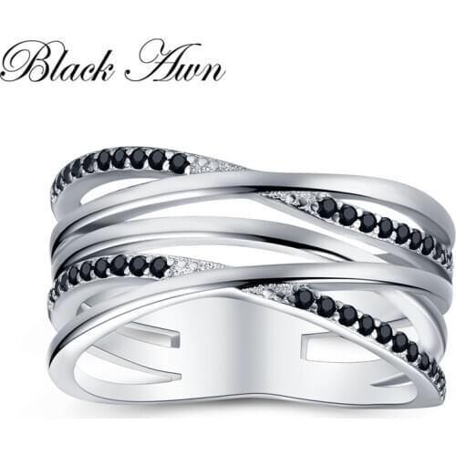 Black Awn New Simple 925 Sterling Silver Fine Jewelry Engagement Black Spinel Round Engagement Ring for Women GG063