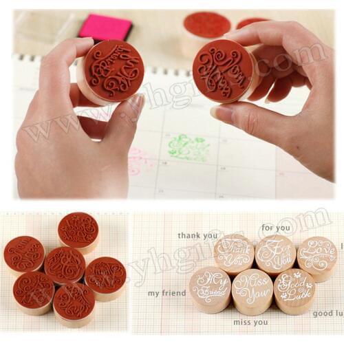 6 Design/LOT.Wood round stamp,Wish words stamp,Rubber stamp,Craft material,Drawing toys.Kindergarten crafts.DIY tools.4x2.5cm