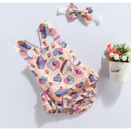 0-24M Summer Newborn Baby Girls Boys Cute Rompers Headband Ice Cream Simple Printed Sleeveless Backless Jumpsuits