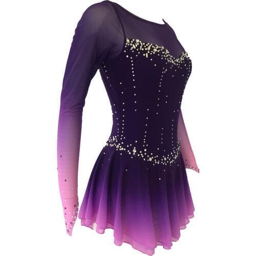 Purple Figure Skating Dress Fingerpoint Sleeves Ice Skating Skirt Long-Sleeved Spandex Skirt Competition Dresses